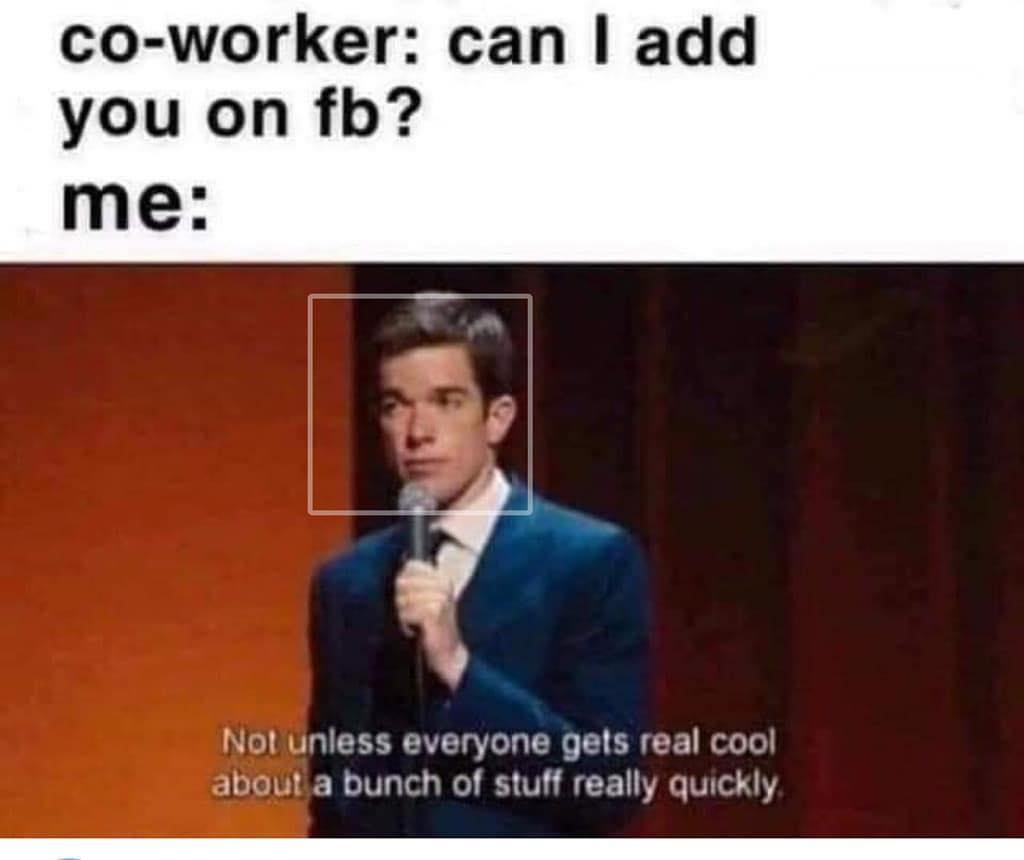 The meme is a screenshot of a person looking disappointed and unimpressed, with a caption "When someone asks to add you on Facebook but you know they only want to be friends with you for a job opportunity."